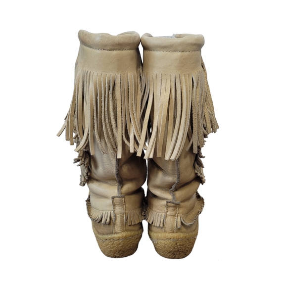 Vintage Cherokee beige gum sole mocassins winter leather boots with fringe Sz 8 - Picture 6 of 14